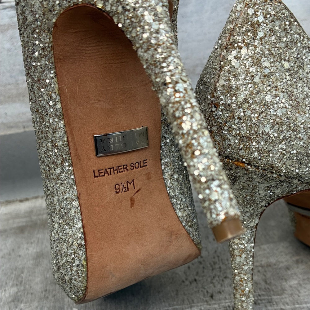 Badgley Mischka Glitter Gold Peep-Toe Heels Wedding Cocktail - Picture 3 of 6